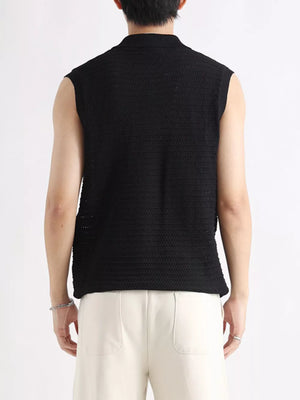 Black knit polo collar tank top with a textured pattern.