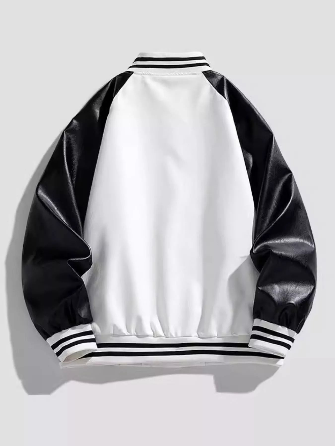 Men's black and white varsity jacket with striped collar and cuffs