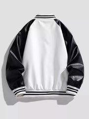 Men's black and white varsity jacket with striped collar and cuffs