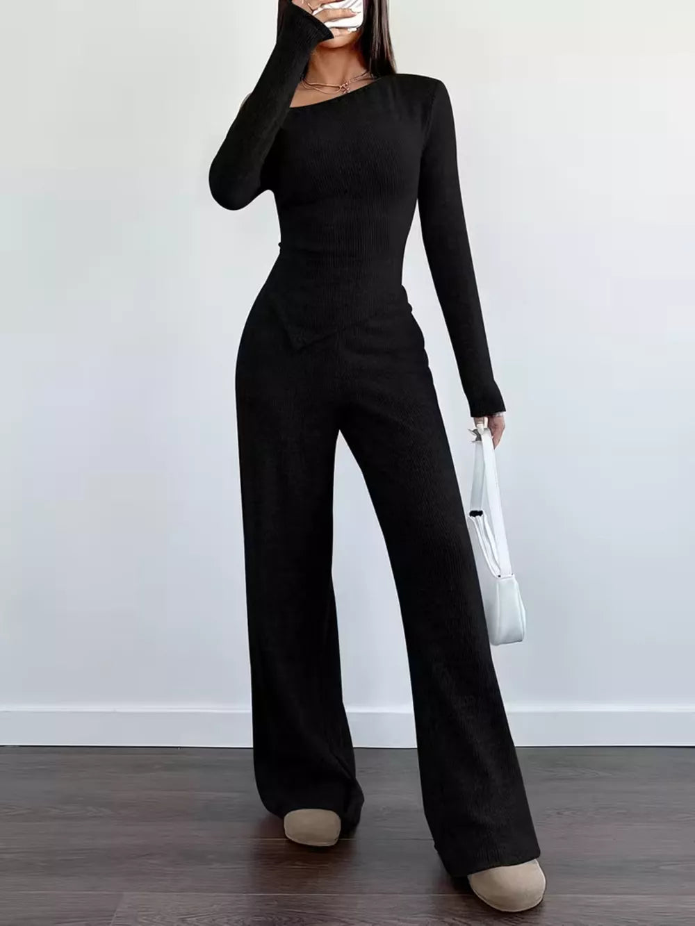 Chic One-shoulder Asymmetrical Top & Wide-leg Pants Set in Burgundy, side view