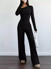 Chic One-shoulder Asymmetrical Top & Wide-leg Pants Set in Burgundy, side view