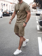 Men's khaki short sleeve t-shirt and shorts co-ord set with drawstring waist.