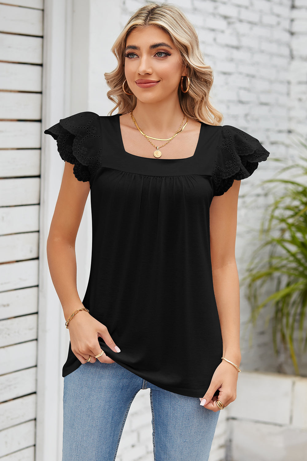 Black eyelet flutter sleeve square neck blouse with gathered bodice