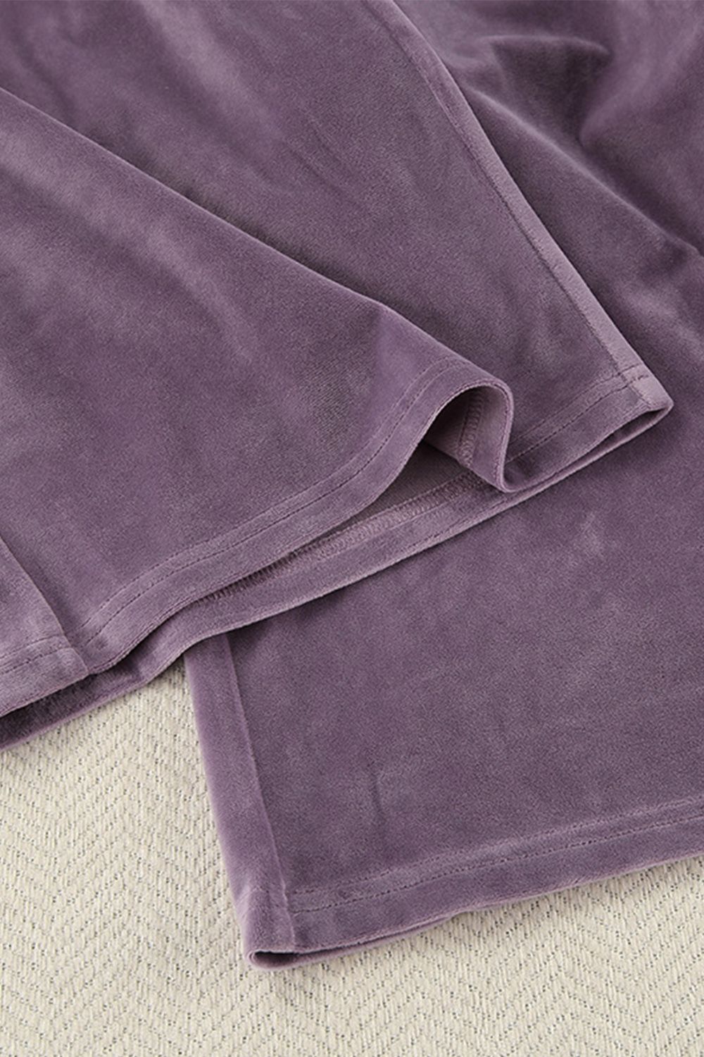 Mauve velvet lounge set top with wide sleeves and a cozy feel.