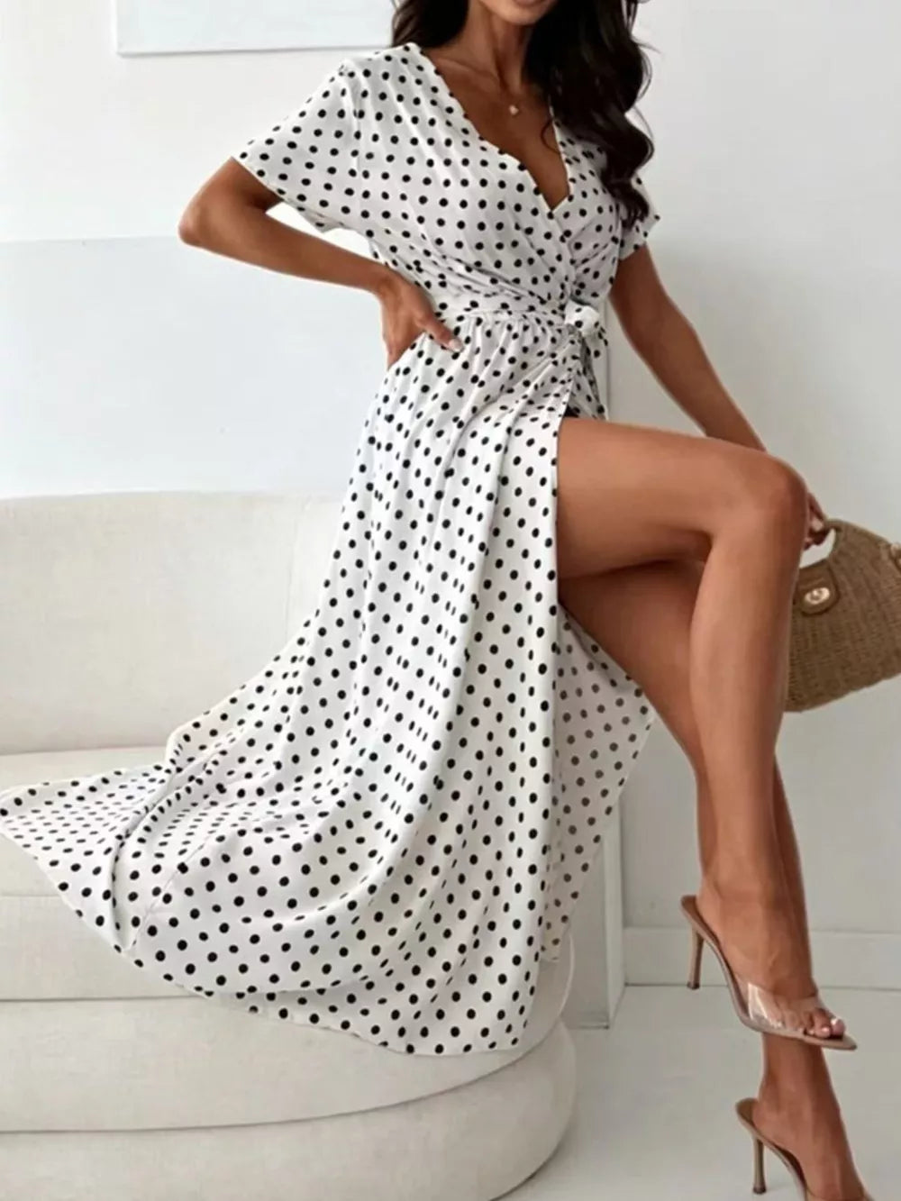 Polka Dot Surplice Maxi Dress With Slit in Dusty Pink, model styling view