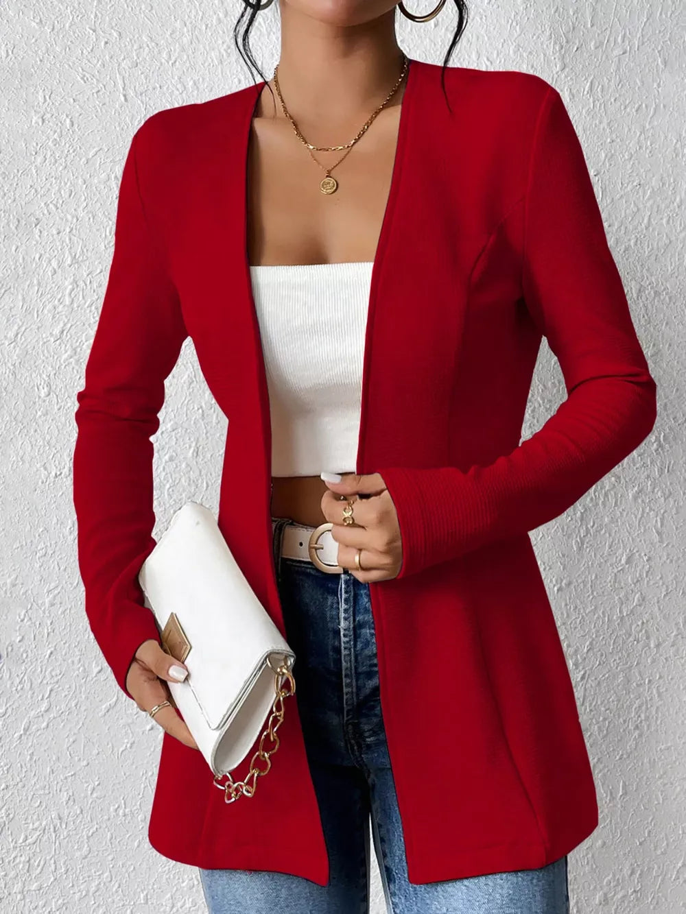 Red single-button blazer with tailored fit, open front, and long sleeves.