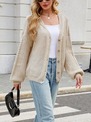 Cable Knit Button-up Cardigan in Black, back view