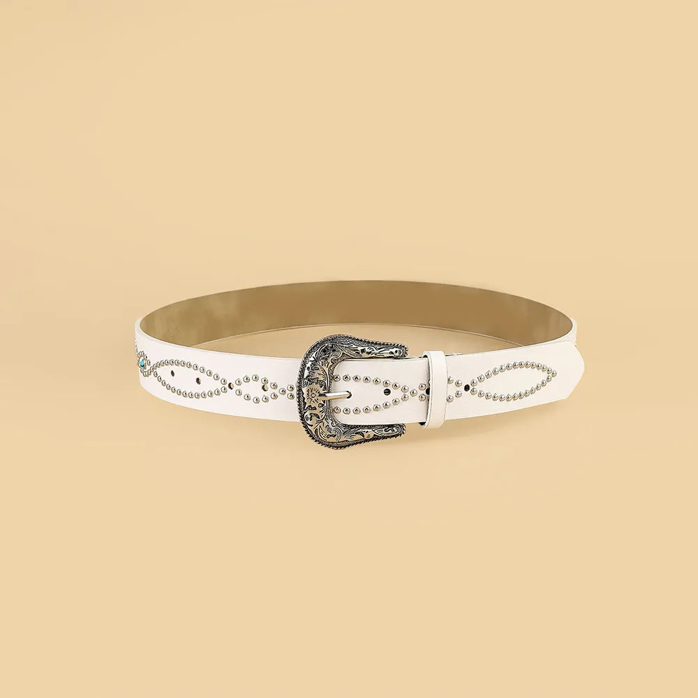 White faux leather belt with antique silver buckle and stud details.