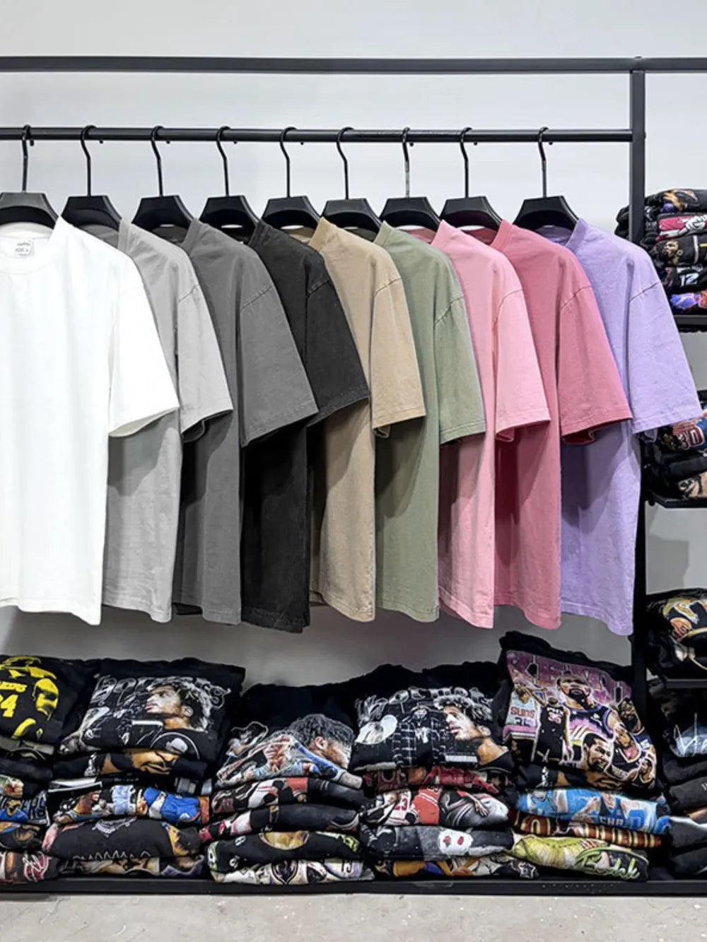 Oversized pigment-dyed crewneck tees in Gray, Black, Khaki, Matcha Green, Pink, Lavender and more.