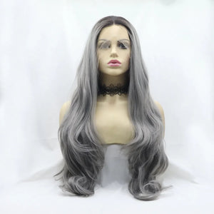 Smokey ombre lace front wig in grey with loose waves and a lace choker.