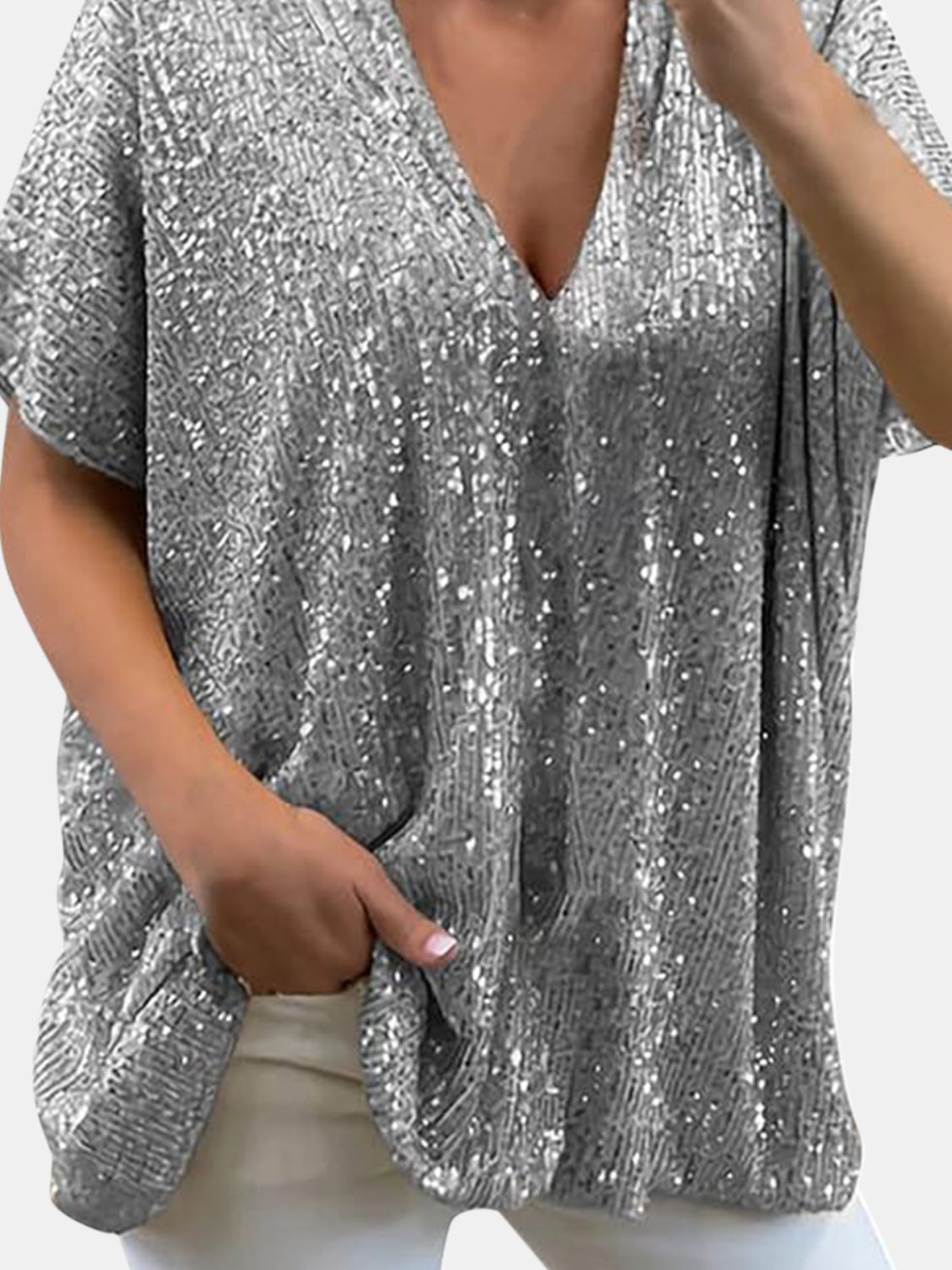 Silver sequin slouchy v-neck top with short sleeves and pockets