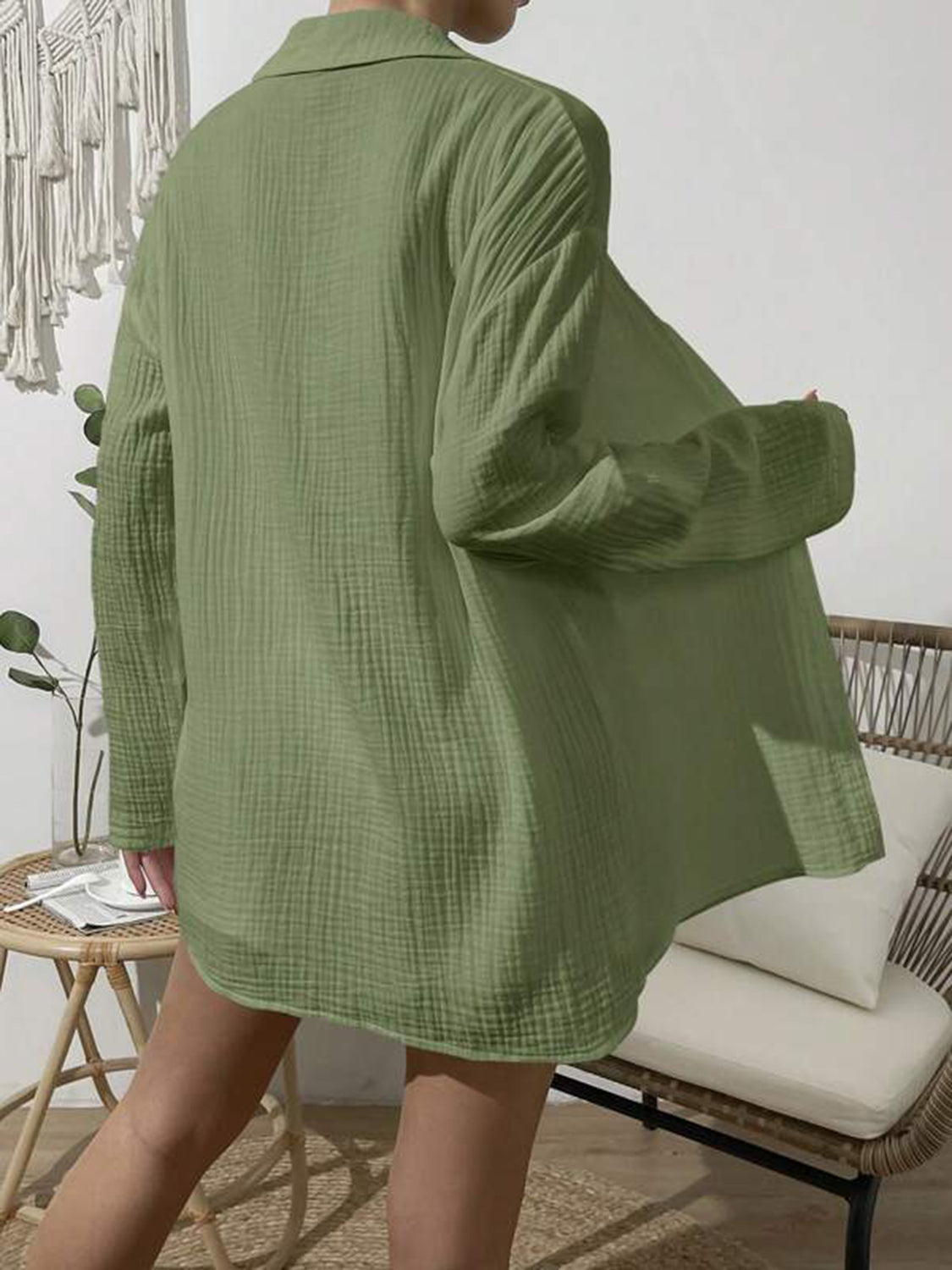 Green textured gauze shirt with buttoned front and long sleeves, part of a co-ord set.