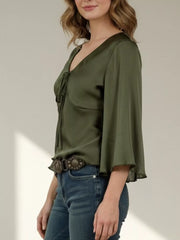 Olive green satin maternity blouse with V-neck tie front and bell sleeves.