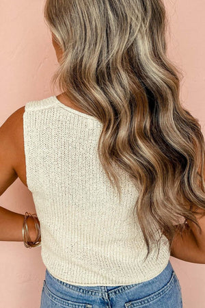 Beige textured knit tank top with a ribbed knit pattern and a tie-front detail.