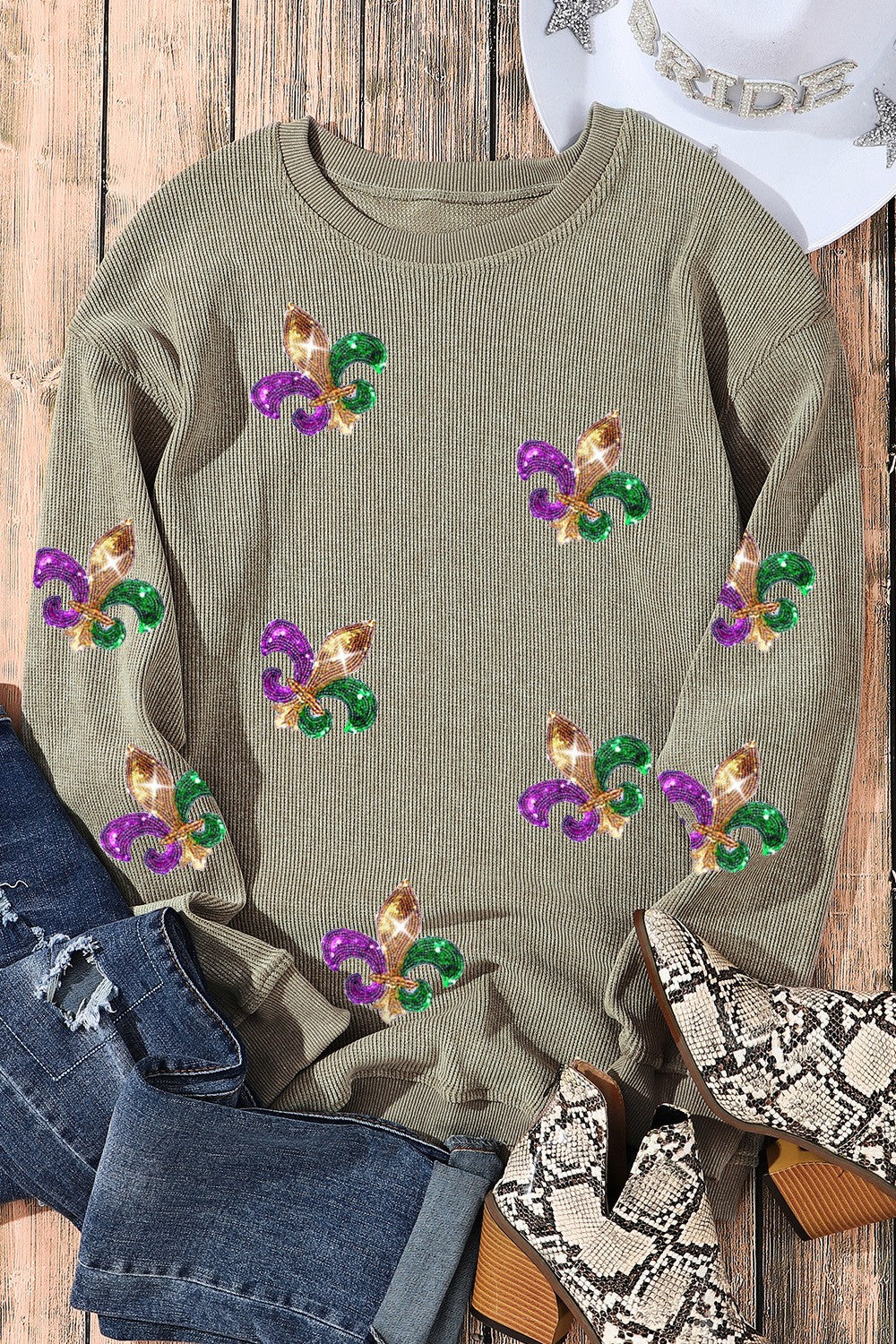 Sage ribbed knit sweater with embellished fleur-de-lis details
