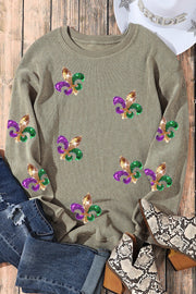 Sage ribbed knit sweater with embellished fleur-de-lis details