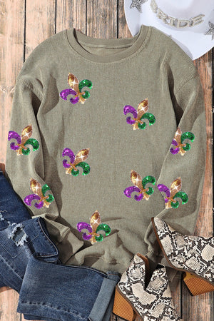 Sage ribbed knit sweater with embellished fleur-de-lis details