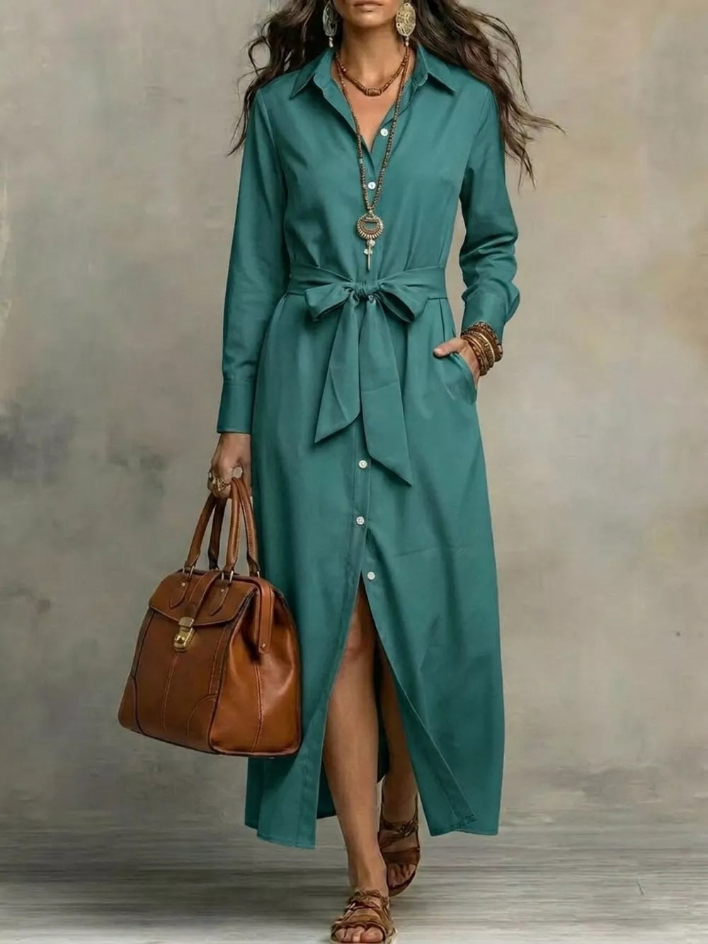 Tie Waist Long Sleeve Shirt Dress Plus Size in Red, back view