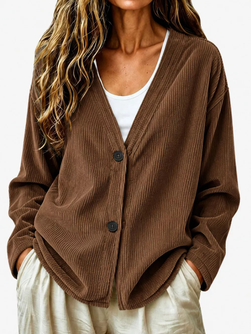 Casual Corduroy Button-up Cardigan in Terracotta, close-up detail