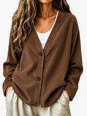 Casual Corduroy Button-up Cardigan in Terracotta, close-up detail