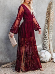 Burgundy floral lace maxi dress with long sheer sleeves, V-neck, and high slit.