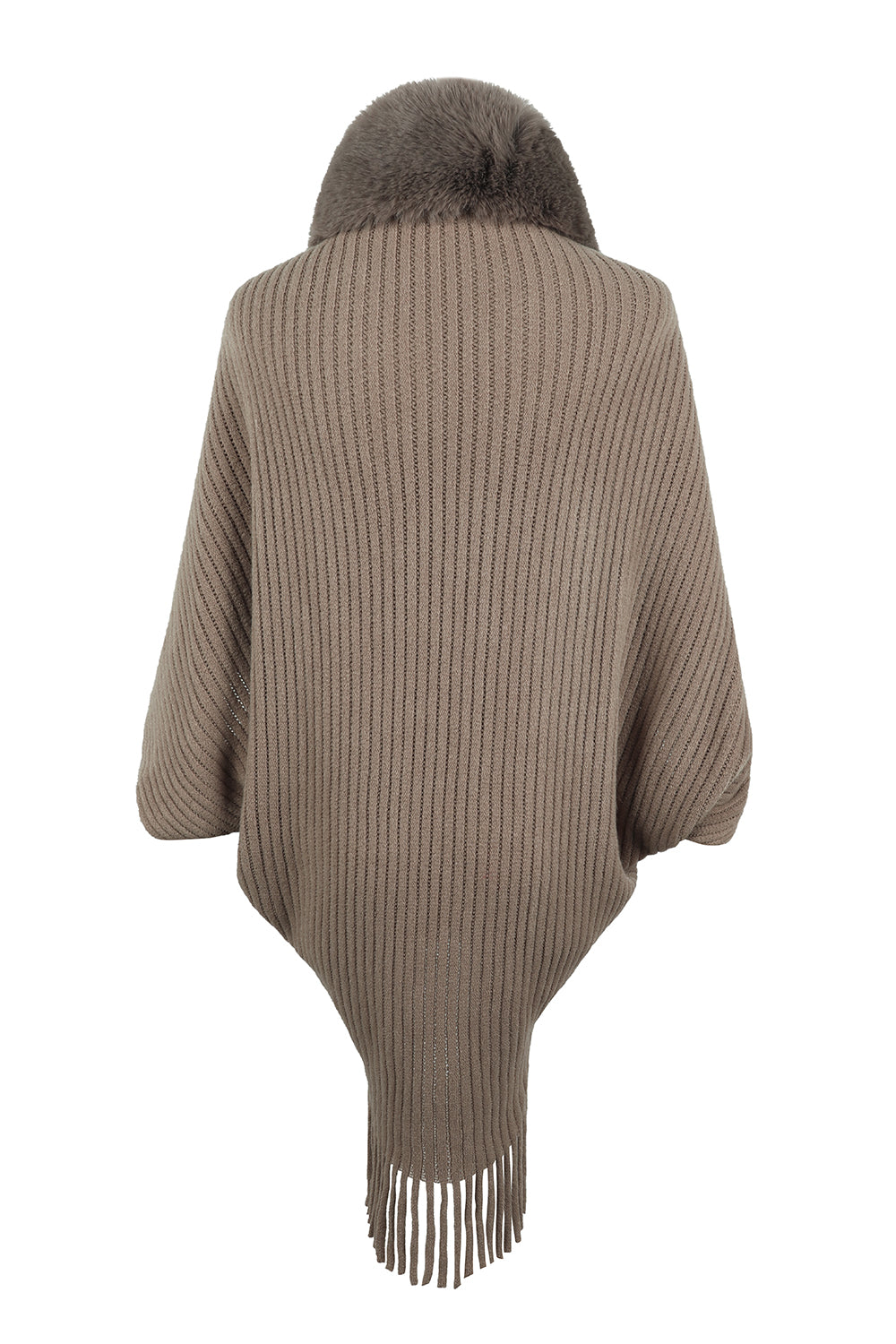 Faux fur collar fringe knit cape in chocolate brown with vertical ribbing and a draped silhouette.
