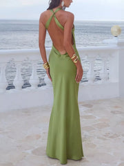 Elegant Halter Neck Satin Maxi Gown