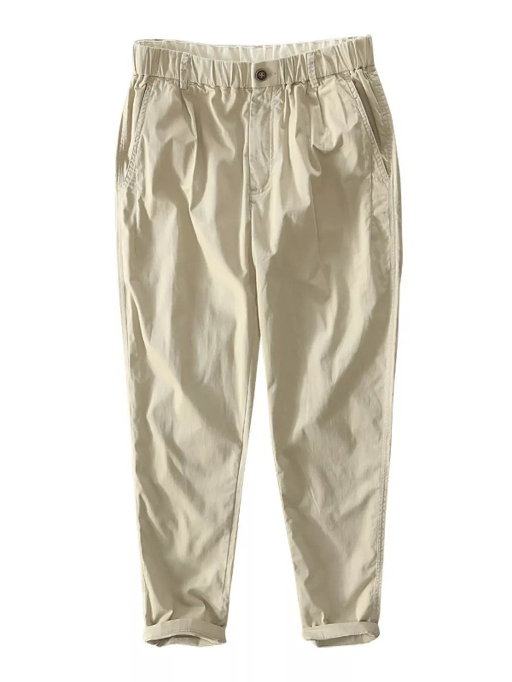 Khaki cargo pants with elastic waist, button detail, and cuffed hem.