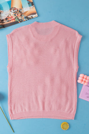 Dusty pink knit sleeveless top with a mock neckline and ribbed hem.