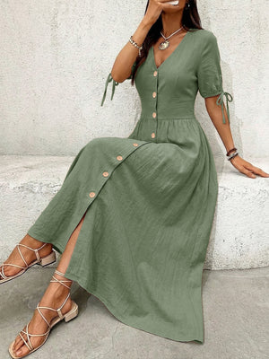 Sage button-down midi dress with v-neck, tie sleeves, and front buttons.
