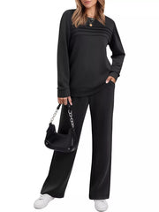 Black casual long-sleeve top and pants set with pleated detail on the neckline.