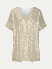Brass sequin slouchy V-neck top with short sleeves