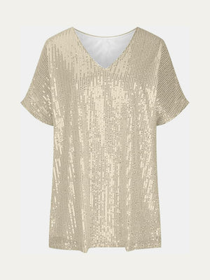 Brass sequin slouchy V-neck top with short sleeves