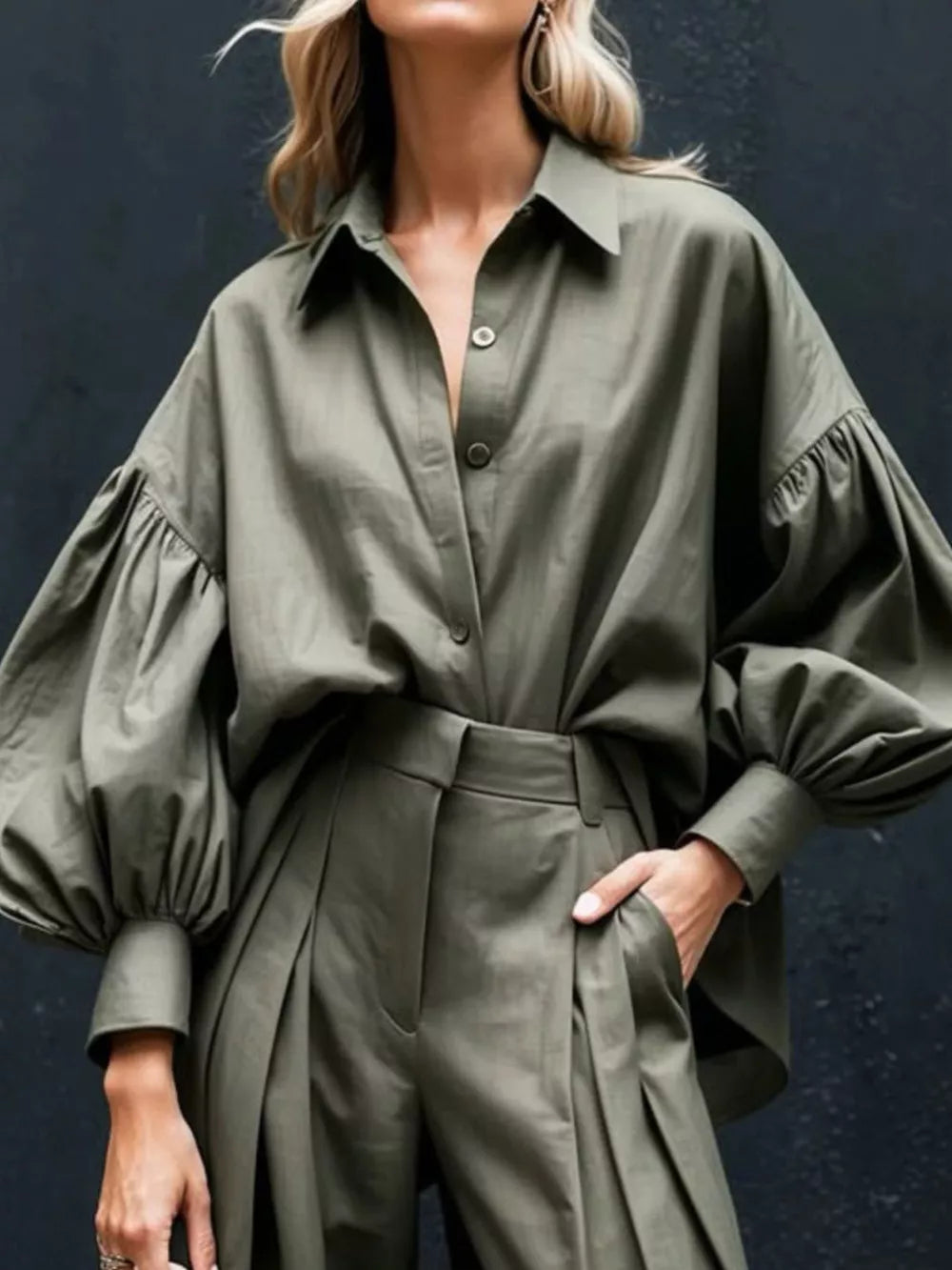 Chic Army Green lantern sleeve button-up shirt and wide-leg pleated pants set.