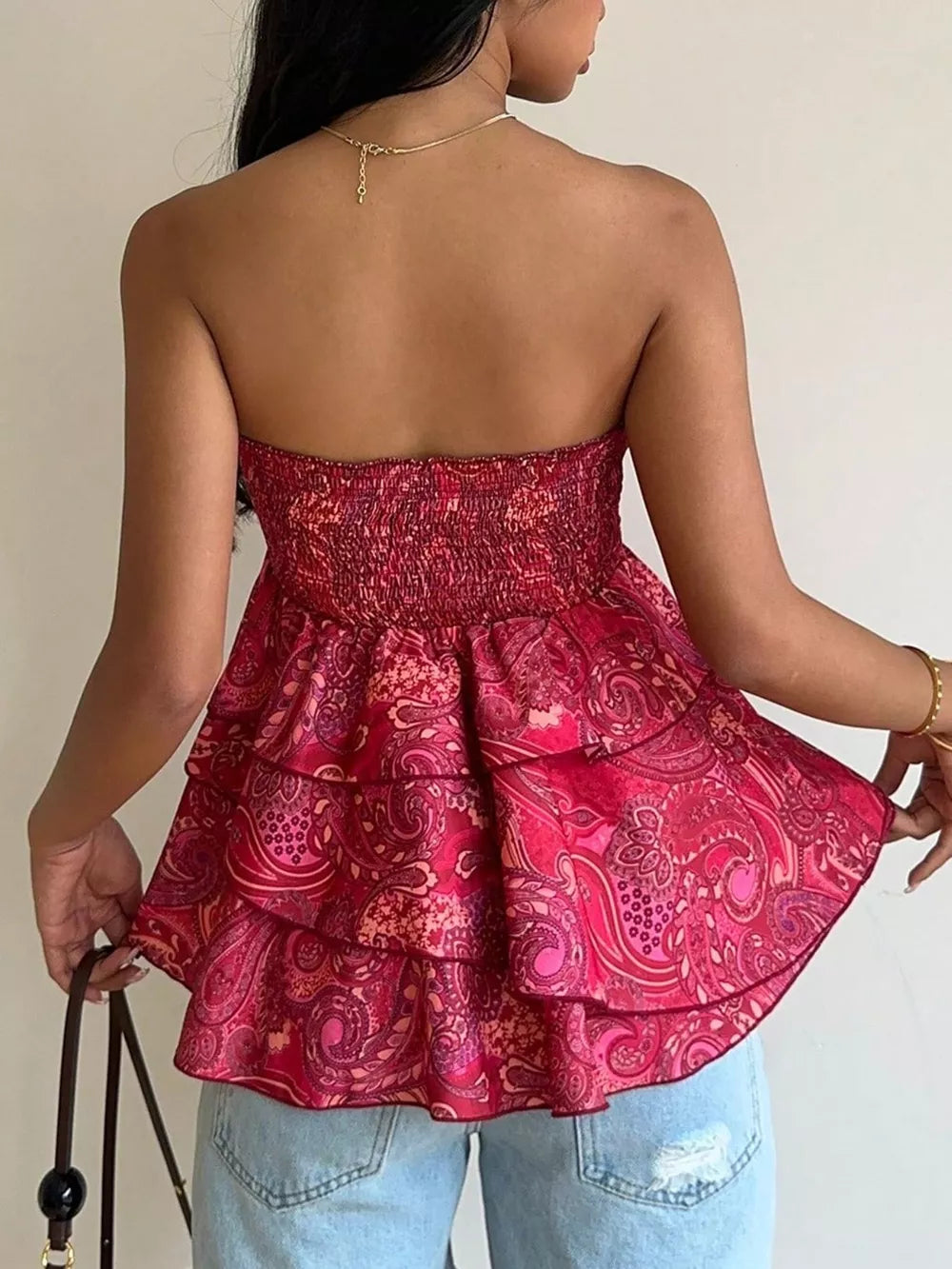 Smocked Layered Paisley Print Tube Top, alternate angle