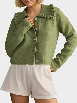 Matcha green knit cardigan with frilled collar and button front.