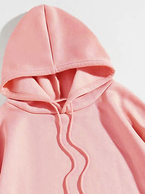 Blush pink hoodie with drawstring hood and front pocket detail