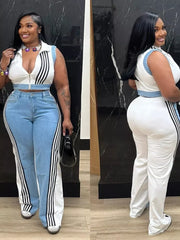 Chic zip-front crop top and wide-leg pants set with side stripes.