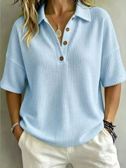 Full Size Waffle Knit Polo Top Plus Size, close-up detail