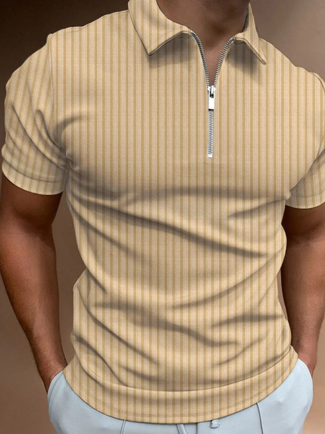 Khaki ribbed zip-neck polo shirt with vertical stripes and short sleeves.