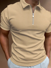 Khaki ribbed zip-neck polo shirt with vertical stripes and short sleeves.