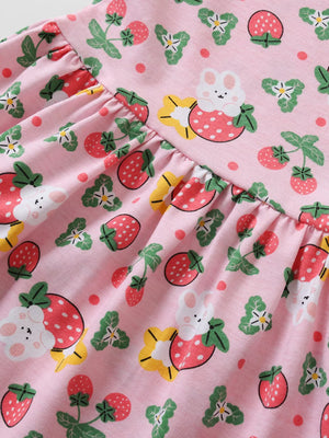 Children's Strawberry Print Ruffle Sleeve Dress, model styling view