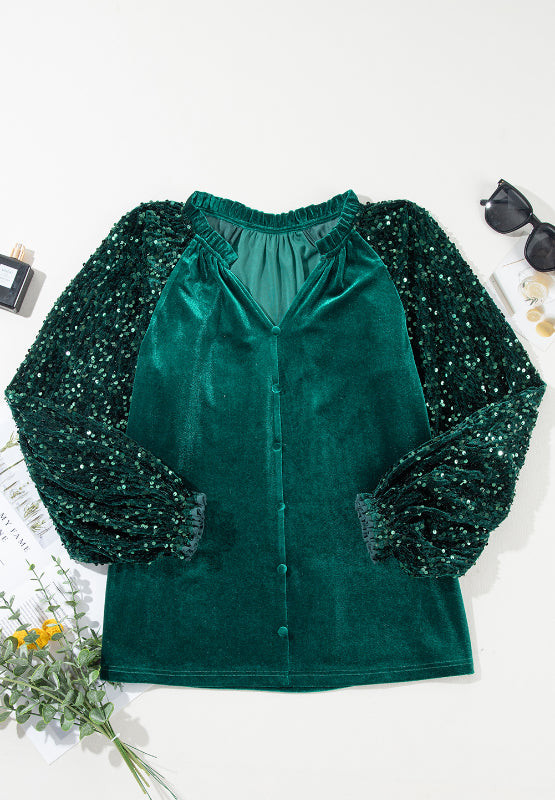 Dark green velvet blouse with sequin sleeves and button front