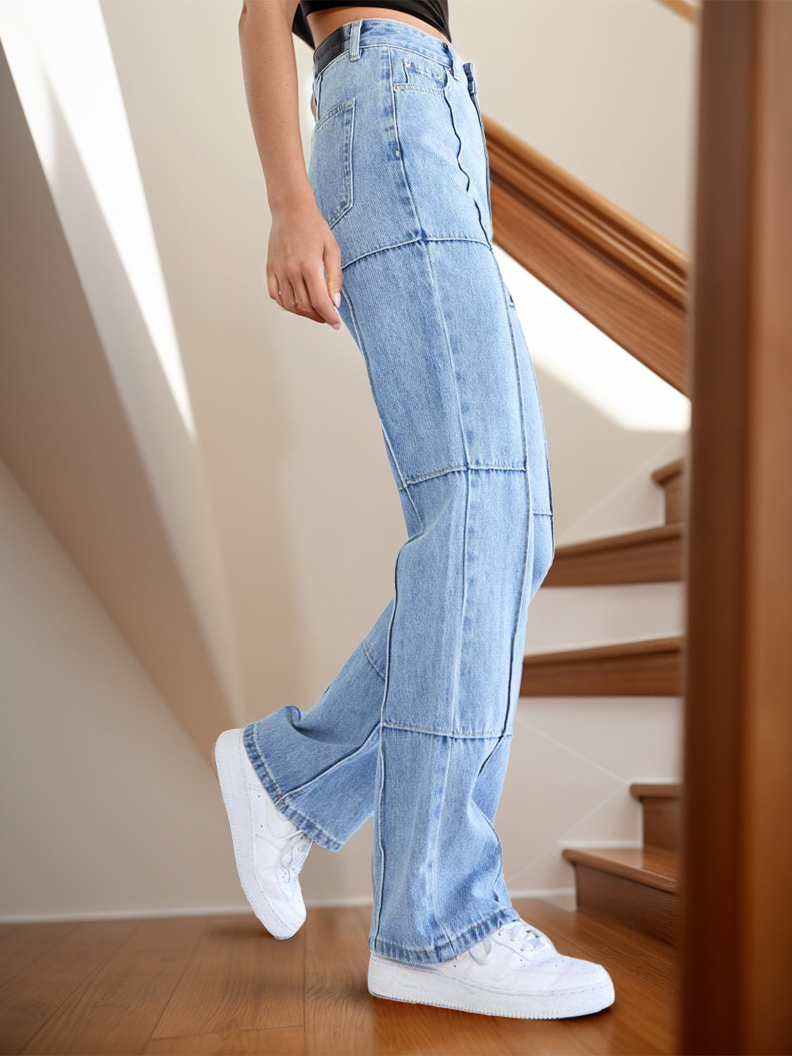 Panelled light wash denim flare trousers with a casual, comfortable fit.