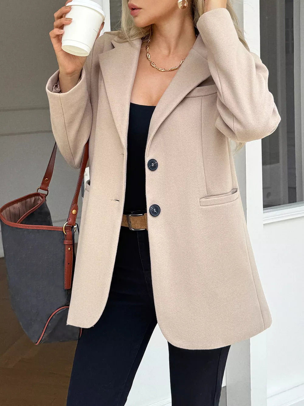 Chic Khaki lapel blazer with button closure and practical pockets, styled casually.