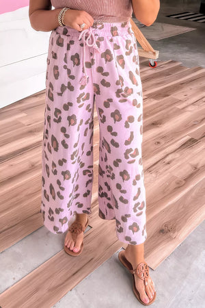 Drawstring Leopard Print Patch Pocket Pants in Dusty Pink, front view