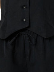 Black linen vest & drawstring shorts set with button detail
