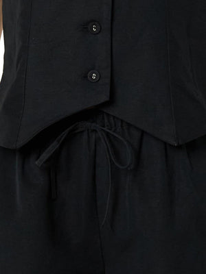 Black linen vest & drawstring shorts set with button detail
