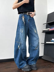 Distressed oversized wide-leg jeans in dark blue denim with a casual, ankle length.