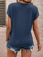 Dark blue dolman sleeve top with lace trim detail